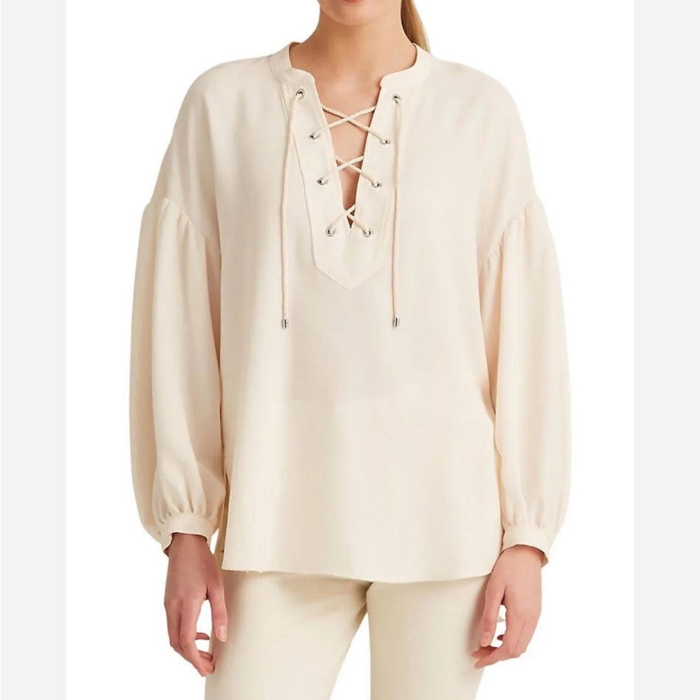 Lauren Ralph Lauren Lace-Up Double-Faced Tunic Top Blouse in Winter Cream -Small